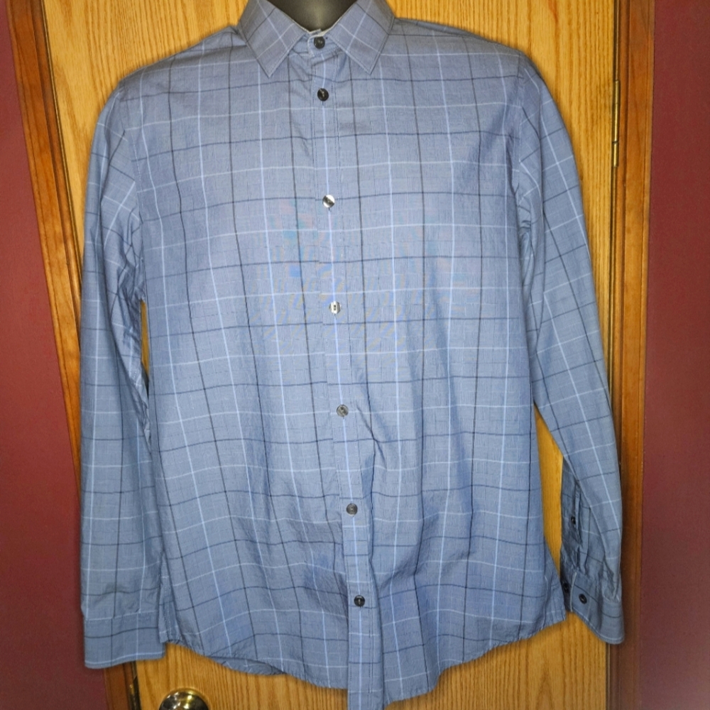 Calvin Klein Mens Button Up Dress Shirt S Gray Windowpane Non Iron Infinite Cool